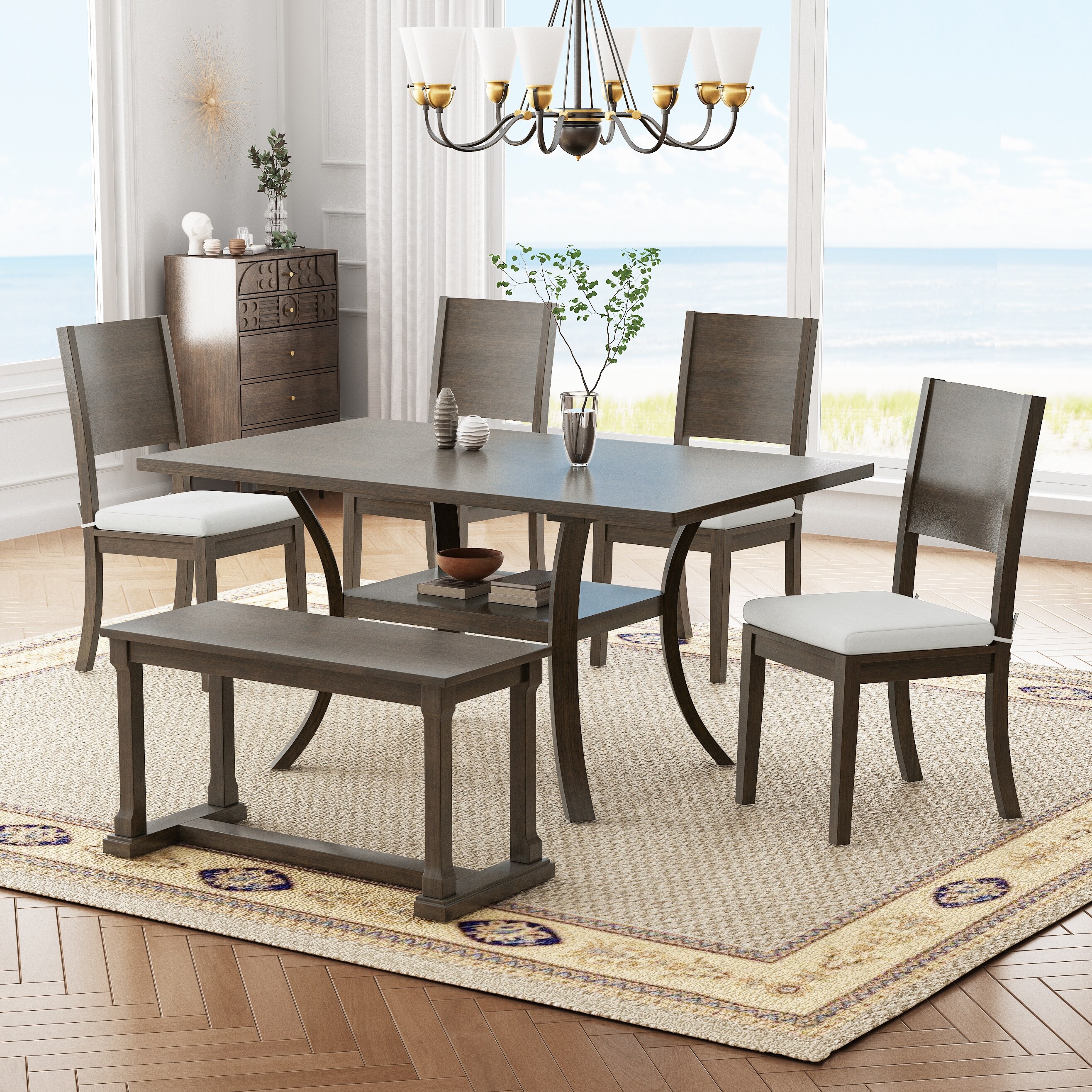 6 Piece Dining Room Rectangular Table Chair Set with Storage Shelf Wood Bench 4 Removable Cushions Dining Chairs Grey Brown Bed Bath Beyond 41062837